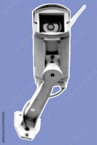 close up of security camera pixelate color halftone dotted texture style collage element isolated on blue background