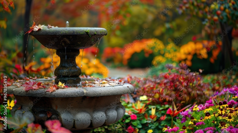 A stone fountain sits in a colorful autumn garden, surrounded by vibrant leaves and flowers. A stone fountain sits in a colorful autumn garden, surrounded by vibrant leaves and flowers.