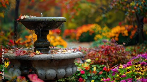 A stone fountain sits in a colorful autumn garden, surrounded by vibrant leaves and flowers.