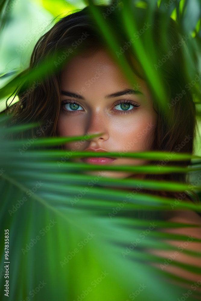 Elegant girl, her face framed by lush palm leaves, the vibrant green backdrop highlighting her beauty. Elegant girl, her face framed by lush palm leaves, the vibrant green backdrop highlighting her beauty.
