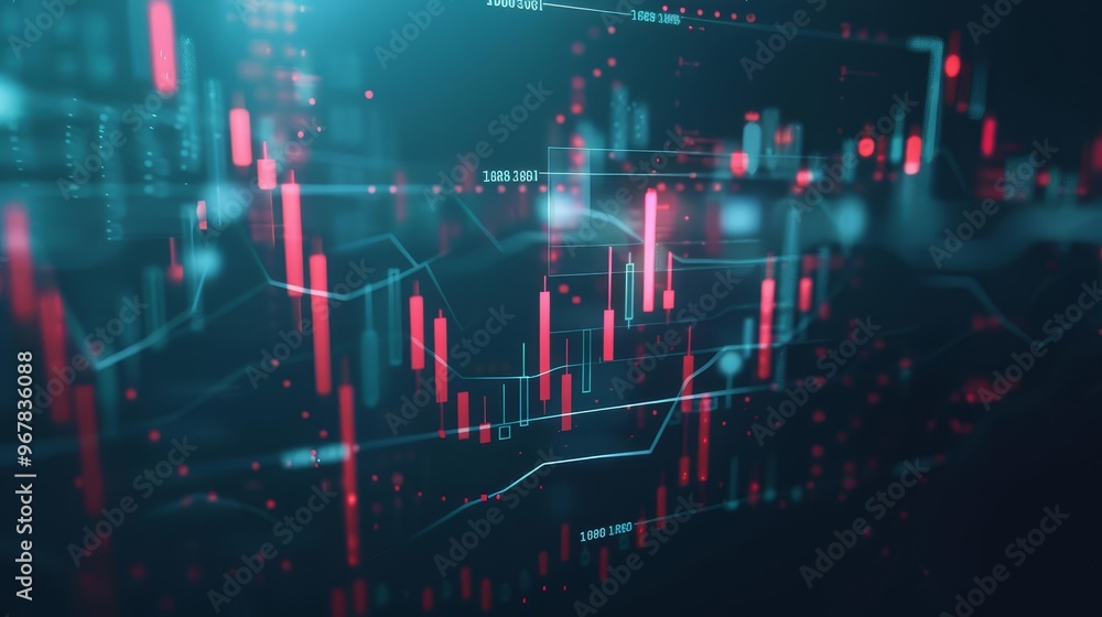digital illustration presents a vibrant financial trading interface with glowing candlestick charts in red and green, set against a dark background, ideal for tech and investment content.