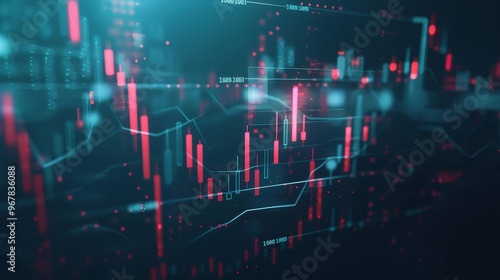 Obraz na płótnie digital illustration presents a vibrant financial trading interface with glowing candlestick charts in red and green, set against a dark background, ideal for tech and investment content. w salonie