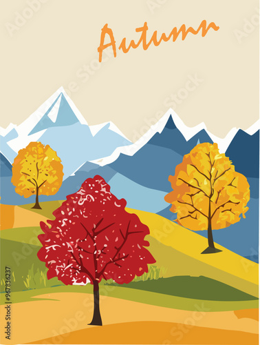 Autumn vector. Autumn landscape clipart. Tree in autumn meadow with mountain far away. A landscape of trees on an autumn grassland with distant mountains. Natural season. Flat vector in cartoon style.