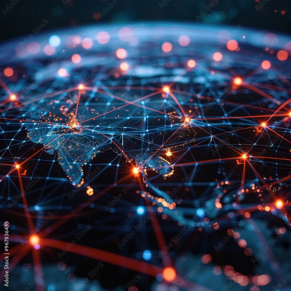 A stylized digital globe with glowing red lines representing global connections and data transfer. A stylized digital globe with glowing red lines representing global connections and data transfer.