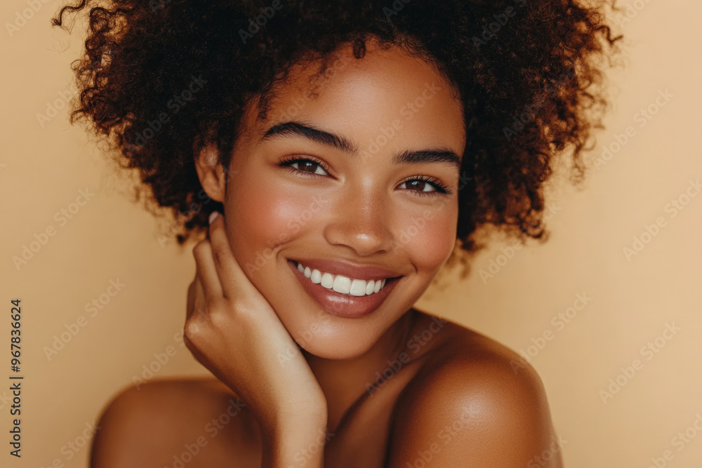 Happy woman, her arm resting on her cheek, bare shoulders exposed, smiling warmly on a soft beige backdrop. Happy woman, her arm resting on her cheek, bare shoulders exposed, smiling warmly on a soft beige backdrop.