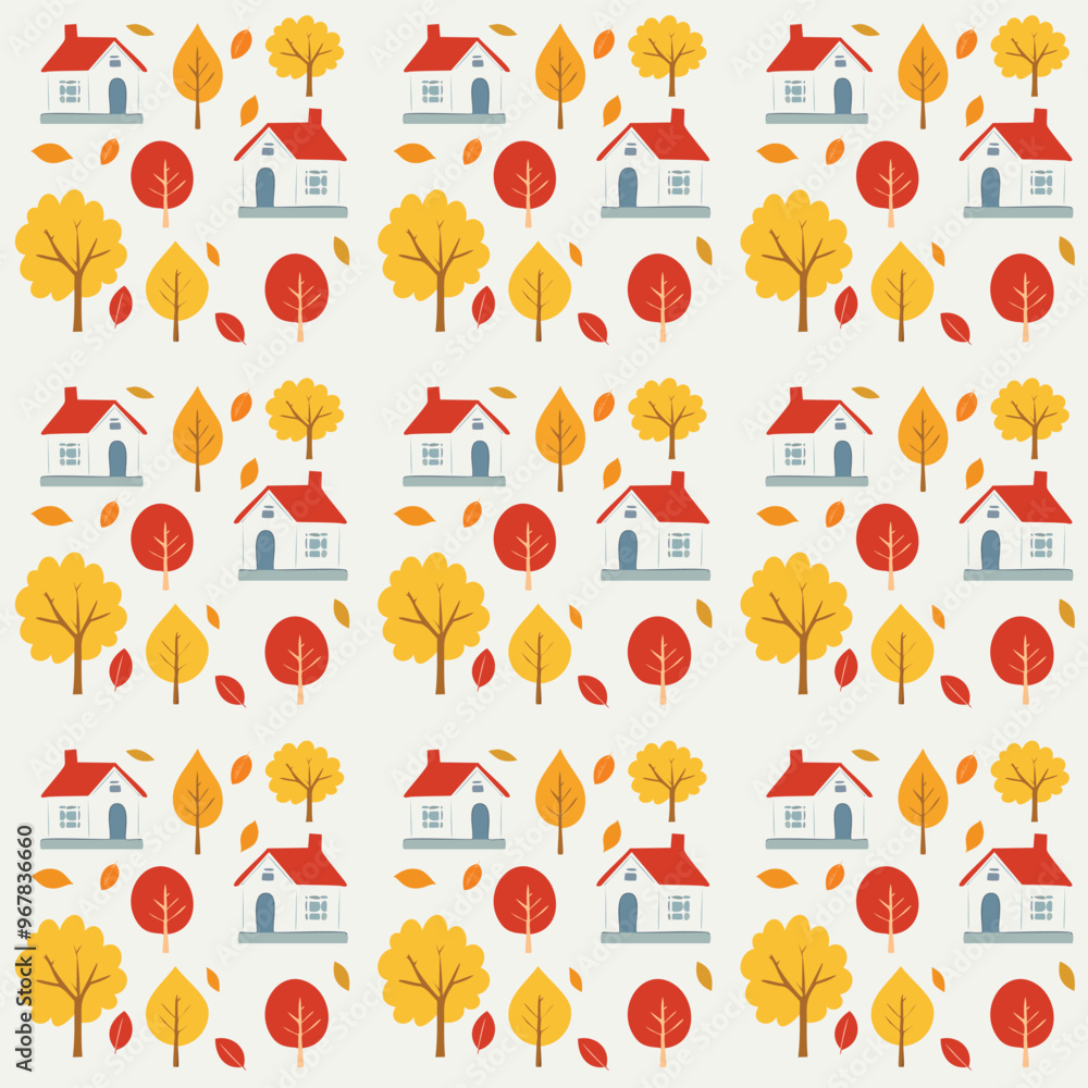 Seamless pattern with autumn tree and small house on white background. Pattern for your design, print: wrapping paper, wallpaper, cover, postcard, gift paper, pattern fills, textile. Seamless pattern with autumn tree and small house on white background. Pattern for your design, print: wrapping paper, wallpaper, cover, postcard, gift paper, pattern fills, textile.