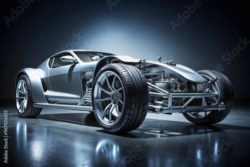 Low-angle view of a sleek, silver, high-performance sports car's exposed chassis, showcasing intricate suspension photo