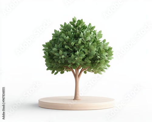 A vibrant tree with lush green leaves, set on a wooden base, ideal for nature-themed designs and eco-friendly concepts.