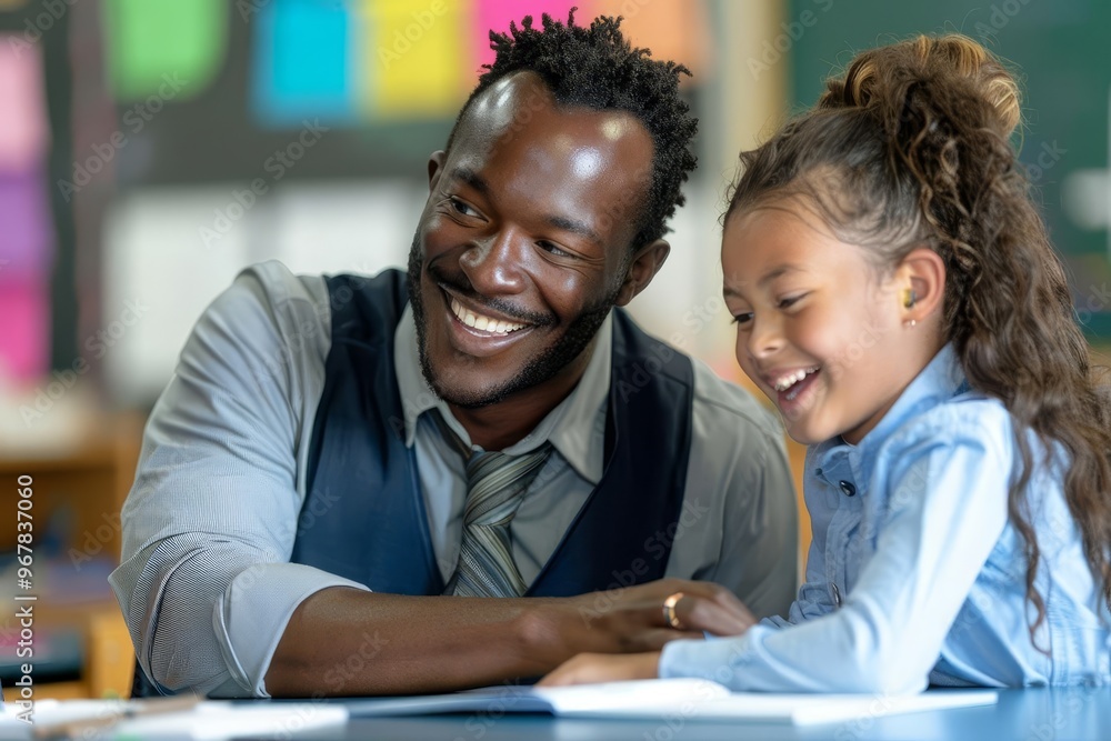 Happy black teacher assisting a student during a class at elementary school, fostering learning Happy black teacher assisting a student during a class at elementary school, fostering learning