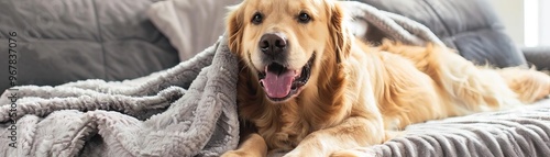 Golden retriever dog lounging on a sofa with a cozy blanket, looking happy and comfortable in a home setting.