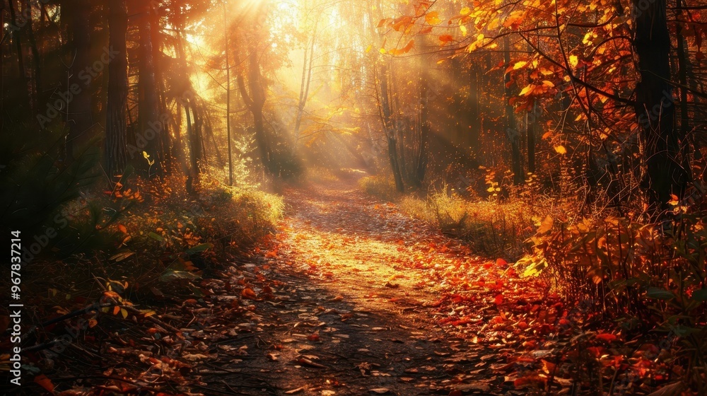 Fototapeta premium A sunlit path winds through a vibrant autumn forest, dappled with warm light and fallen leaves.