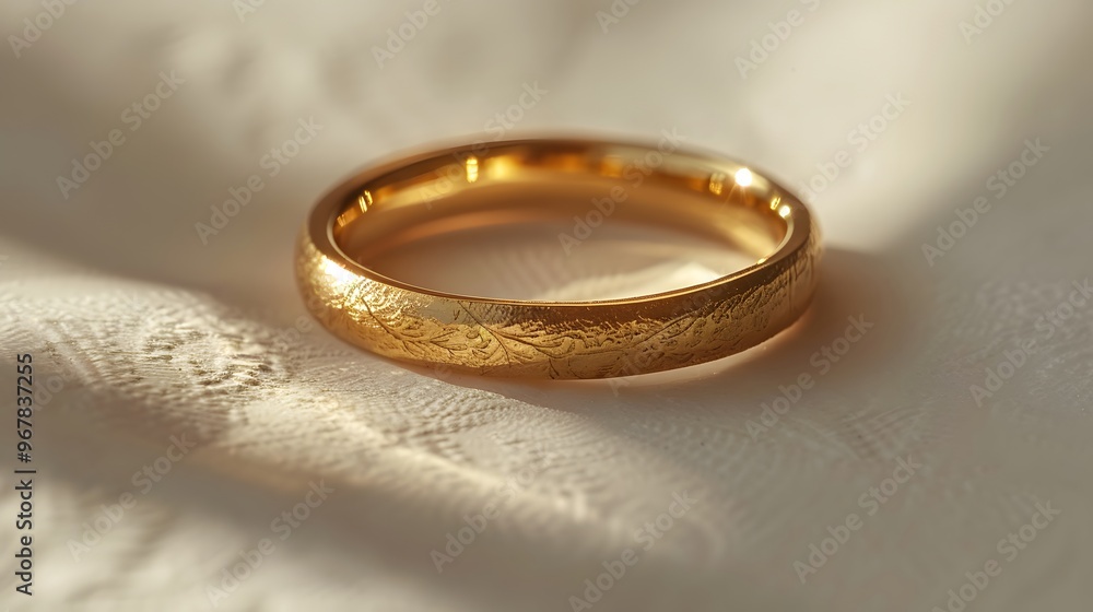 Closeup of a Gold Wedding Ring with Intricate Design on White Fabric Background - Perfect for Engagement, Love, Romance and Jewelry Concepts. Closeup of a Gold Wedding Ring with Intricate Design on White Fabric Background - Perfect for Engagement, Love, Romance and Jewelry Concepts.