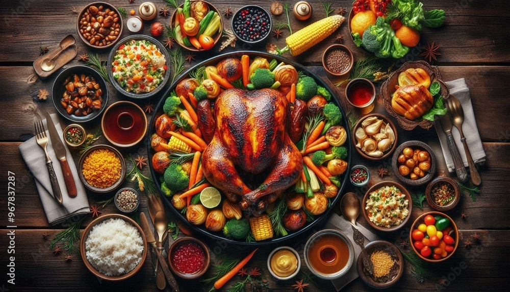 Overhead View of a Delicious BBQ Feast with Freshly Grilled Chicken Overhead View of a Delicious BBQ Feast with Freshly Grilled Chicken