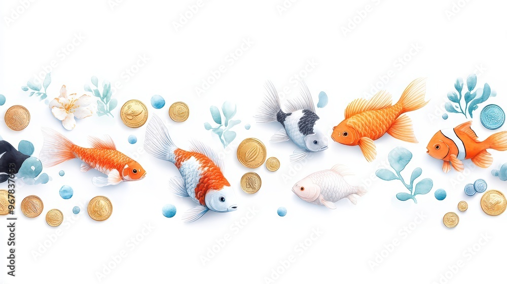 A vibrant illustration of goldfish swimming gracefully, accompanied by aquatic plants and shiny coins, creating a serene underwater scene. A vibrant illustration of goldfish swimming gracefully, accompanied by aquatic plants and shiny coins, creating a serene underwater scene.