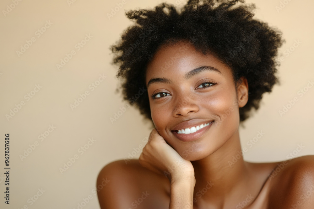 Joyful woman, smiling gently with her arm supporting her cheekbone, her naked shoulders softly highlighted against a beige backdrop. Joyful woman, smiling gently with her arm supporting her cheekbone, her naked shoulders softly highlighted against a beige backdrop.