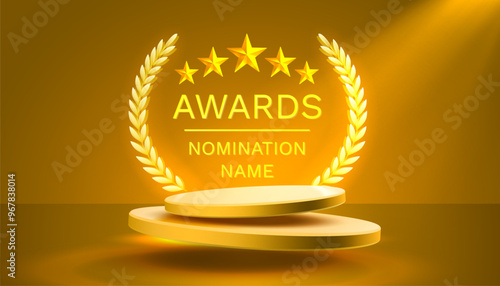 Awards nomination name podium, neon prize event, scene star ceremony. Vector illustration