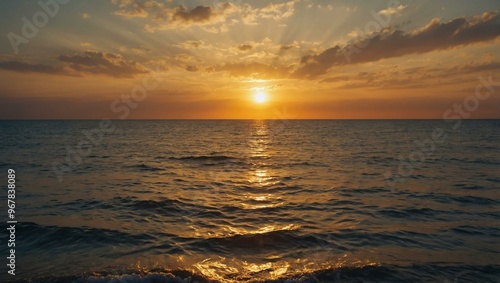 A stunning sunrise over the sea, bathing the horizon in warm, golden light.