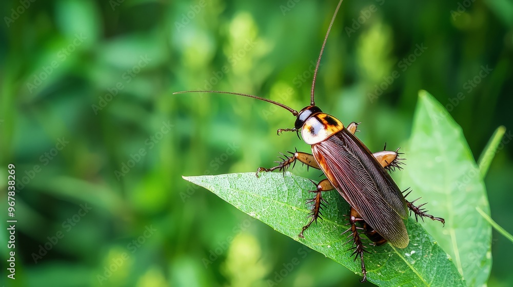 Fototapeta premium Close-Up of a Cockroach on a Green Leaf