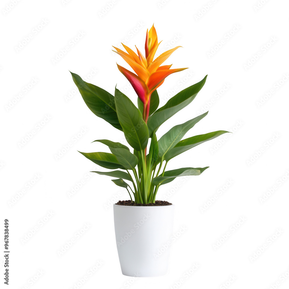 A vibrant orange and yellow flower atop green leaves in a white pot. A vibrant orange and yellow flower atop green leaves in a white pot.