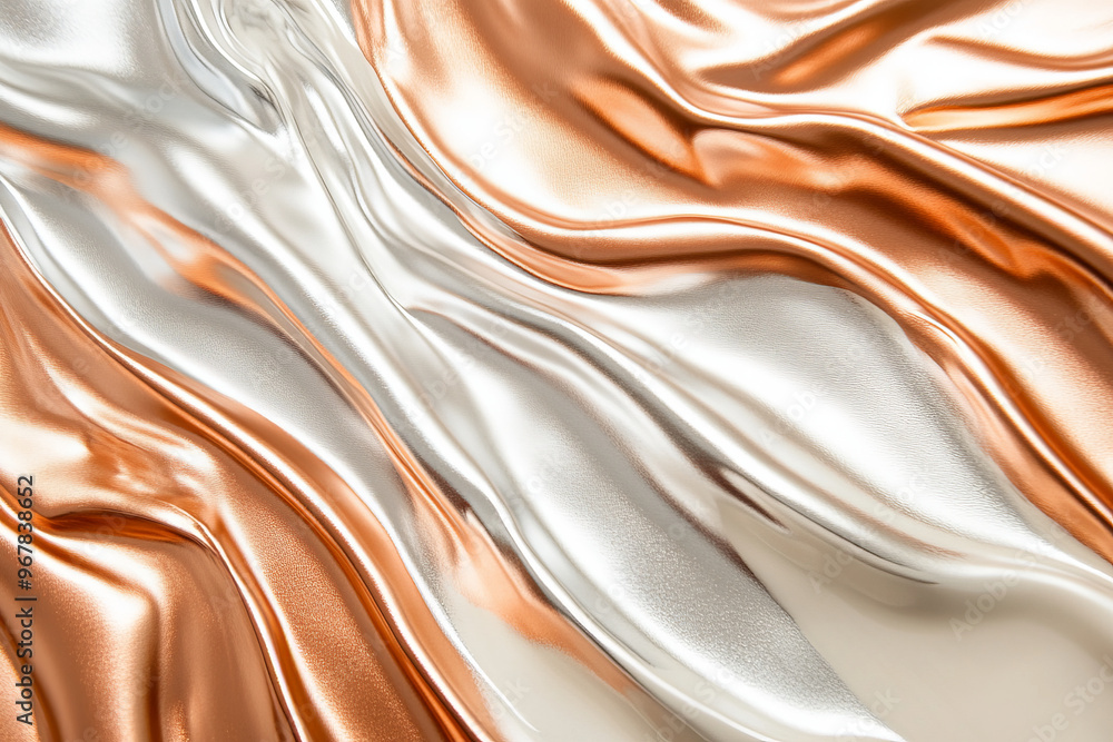 Liquid paints in metallic shades of copper, silver, and rose gold, flowing together with a smooth, glossy finish that enhances their luxury. Liquid paints in metallic shades of copper, silver, and rose gold, flowing together with a smooth, glossy finish that enhances their luxury.