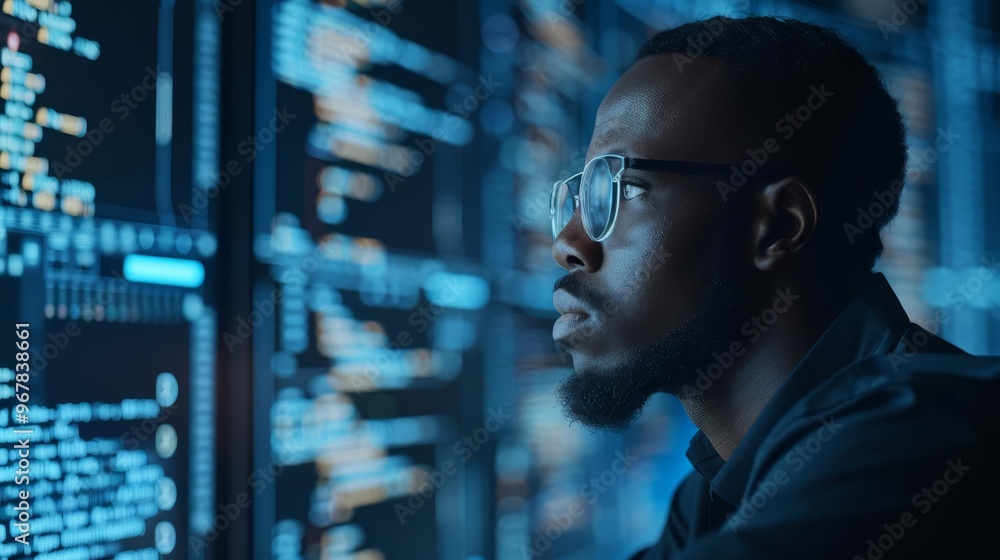 Focused programmer working on code in a dark room. Focused programmer working on code in a dark room.