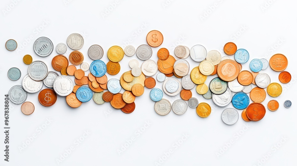 A vibrant collection of various coins arranged on a white surface, showcasing colors and details for financial themes. A vibrant collection of various coins arranged on a white surface, showcasing colors and details for financial themes.