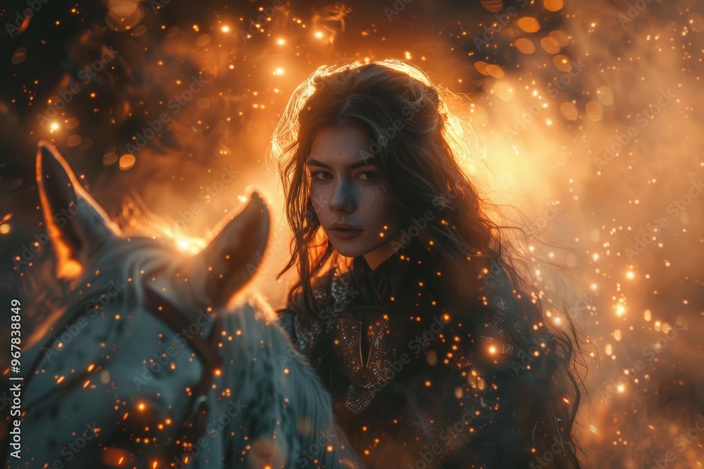 Amazon warrior riding glowing horses through an enchanted forest at twilight Amazon warrior riding glowing horses through an enchanted forest at twilight