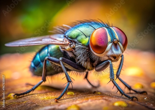 Macro shot of a common housefly, detailing delicate wings, iridescent eyes, and tiny hairs on its body, set