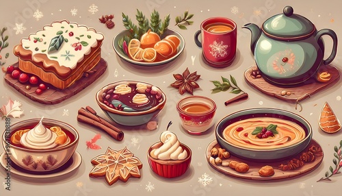 Winter Comfort Food and Drink Icons - Featuring icons of soup, tea, pie, and festive cookies Graphic art illustration