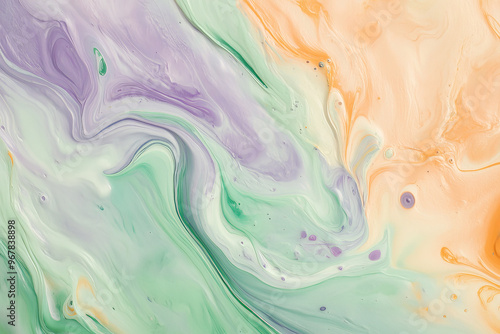 Wallpaper Mural Liquid paints in pastel tones of light green, peach, and lavender, blending smoothly with a matte texture to create a soft, dreamy background. Torontodigital.ca