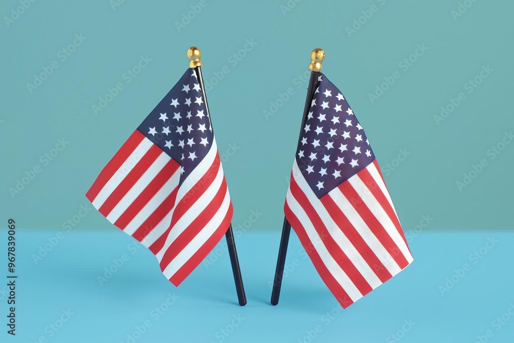 Obraz premium Independence Day celebration banners set 4th of July greeting cards with waving American national flag on a blue background USA patriotic holiday