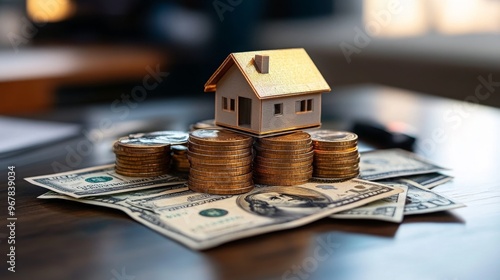 House Model on Stacks of Coins and Dollar Bills photo