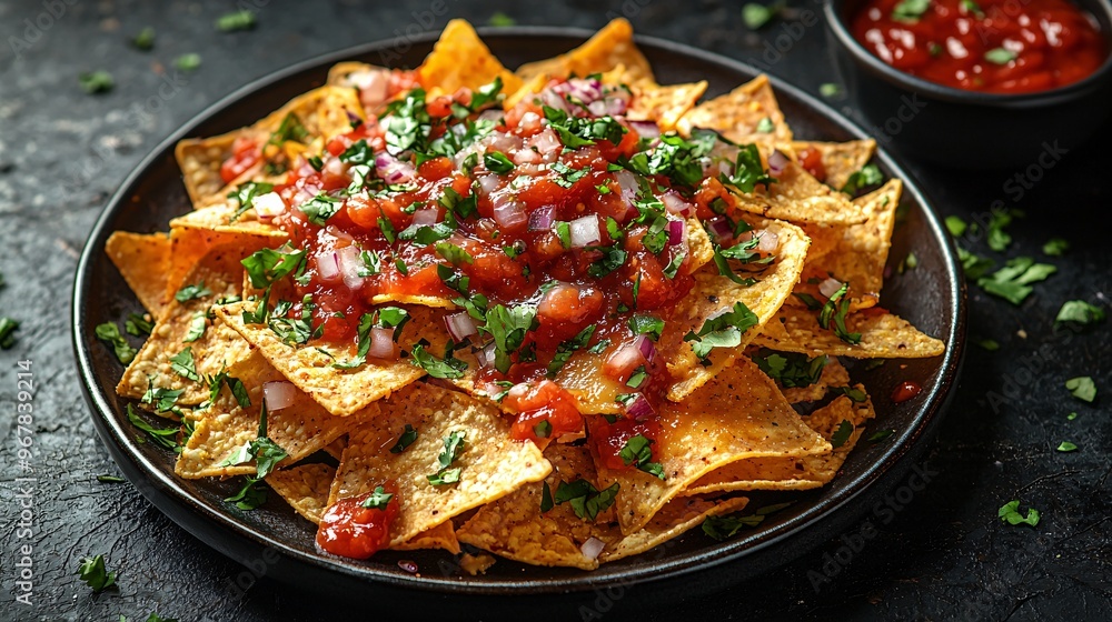 Overhead view of a plate of nachos with ketchup and salsa drizzled evenly across the top. Overhead view of a plate of nachos with ketchup and salsa drizzled evenly across the top.
