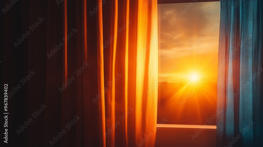Golden Sunset Through Sheer Curtains Window View Golden Sunset Through Sheer Curtains Window View