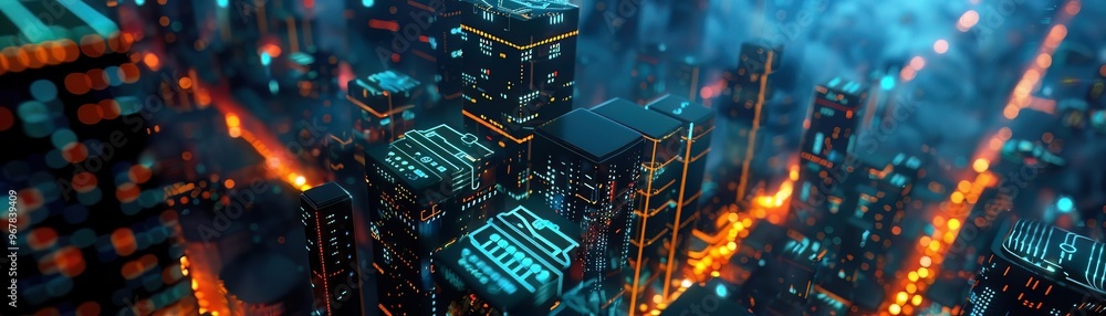 Inside a computer chip, resembling a futuristic city at night, with glowing circuits and data streams Inside a computer chip, resembling a futuristic city at night, with glowing circuits and data streams