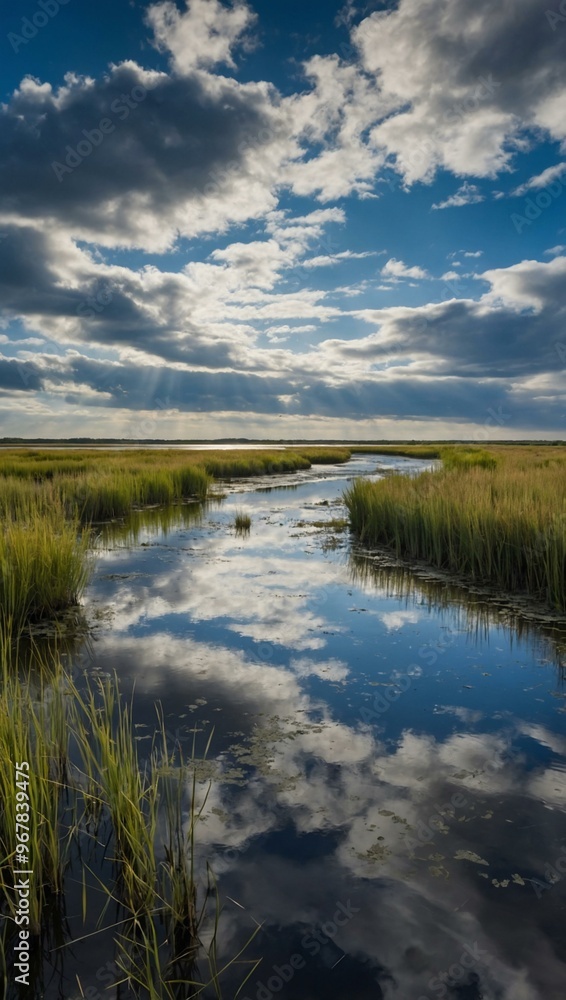 A tranquil river winds through a marsh under a clear sky filled with clouds. A tranquil river winds through a marsh under a clear sky filled with clouds.