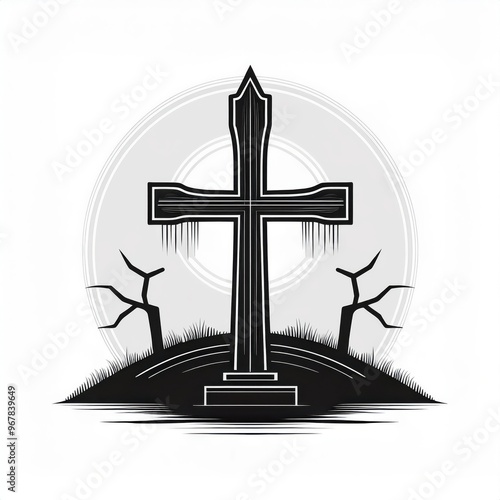 Wallpaper Mural Monochrome Vector Icon Illustration of an Ornate Cross Emerging from Stylized Grass, Symbolizing Serenity and Reflection in a Minimalistic Religious Design Halloween Night Torontodigital.ca