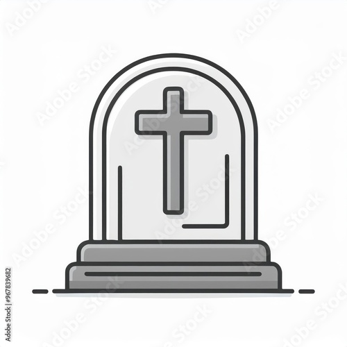 Minimalist Black and White Tombstone Icon with Cross and Grass Details, Symbolizing Mourning, Death, and Remembrance in Simple Line Art Halloween Design