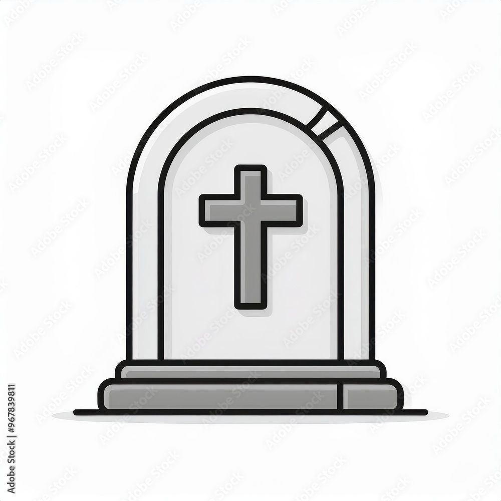 Minimalist Black and White Tombstone Icon with Cross and Grass Details, Symbolizing Mourning, Death, and Remembrance in Simple Line Art Halloween Design Minimalist Black and White Tombstone Icon with Cross and Grass Details, Symbolizing Mourning, Death, and Remembrance in Simple Line Art Halloween Design