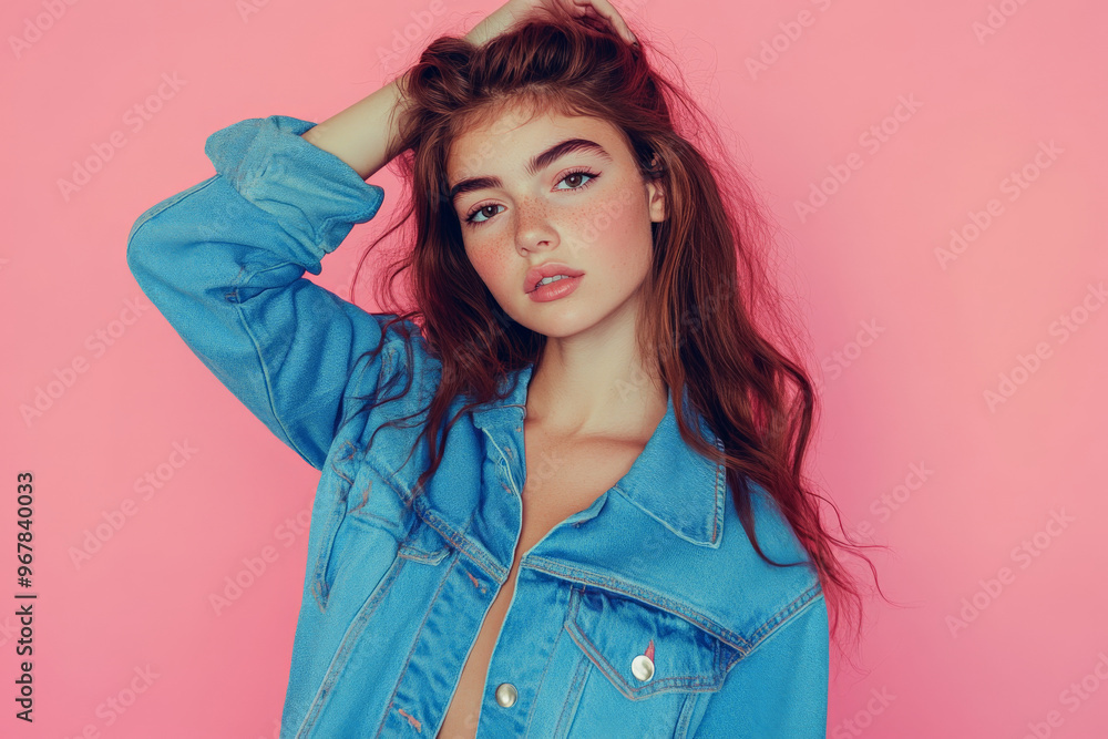 Lovely girl, hand on her head, wearing stylish blue clothing, standing confidently against a pink background. Lovely girl, hand on her head, wearing stylish blue clothing, standing confidently against a pink background.