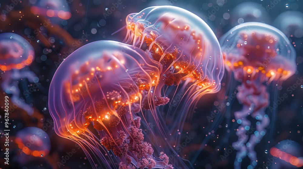 Jellyfish with bioluminescent tentacles and energy harvesting cells floating in the ocean of a neon metropolis Jellyfish with bioluminescent tentacles and energy harvesting cells floating in the ocean of a neon metropolis