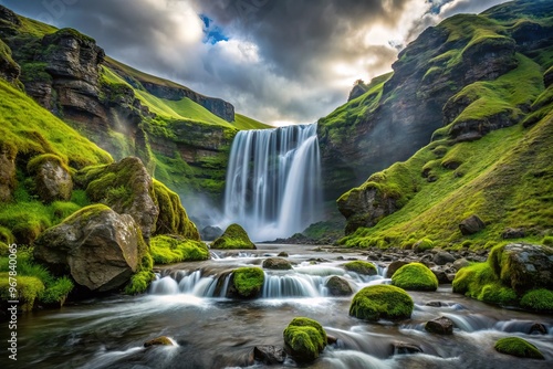 Majestic Bjarnarfoss waterfall cascades down moss-covered rocks in Iceland's serene wilderness, surrounded by lush photo