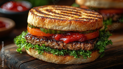 Artistic pour of ketchup in a spiral shape on a fresh sandwich, highlighting the ingredients.