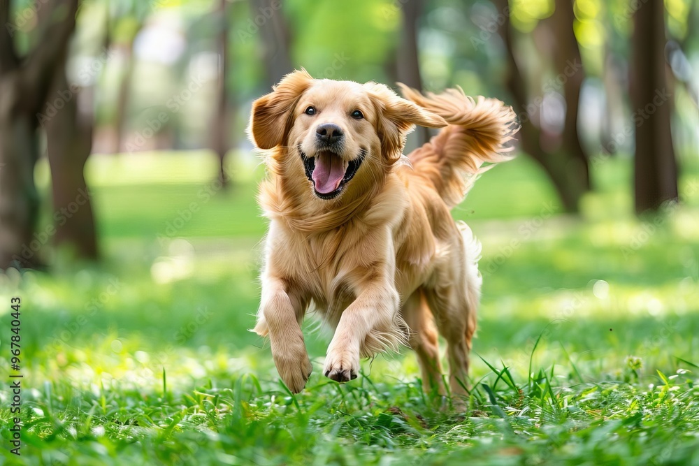 Joyful golden retriever running through a sunny park with a big smile and wagging tail