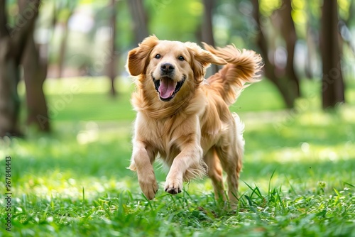 Joyful golden retriever running through a sunny park with a big smile and wagging tail photo