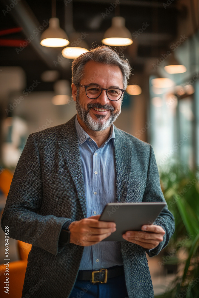 Middle-aged Brazilian businessman smiling while using a tablet in a vibrant, contemporary office with unique design elements. Middle-aged Brazilian businessman smiling while using a tablet in a vibrant, contemporary office with unique design elements.