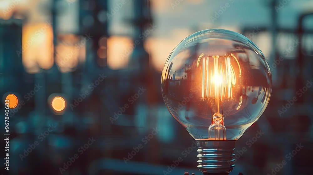 lightbulb with filament close up, focus on, copy space Vivid tones, Double exposure silhouette with industrial scene lightbulb with filament close up, focus on, copy space Vivid tones, Double exposure silhouette with industrial scene