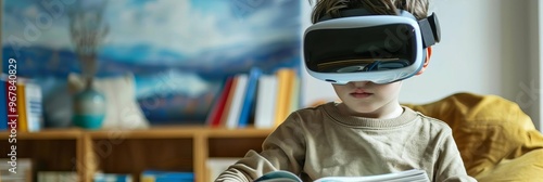 Little boy reading book and imagining to virtual reality landscape background photo