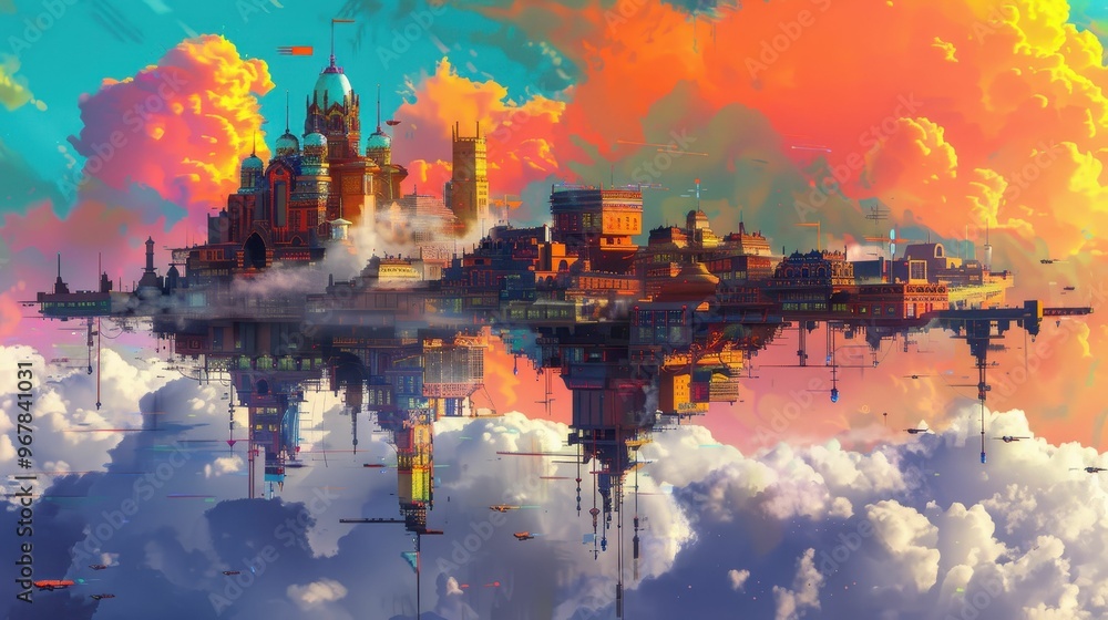 Fototapeta premium A vibrant, fantastical cityscape floats amidst colorful clouds, showcasing a breathtaking, surreal dreamlike world.