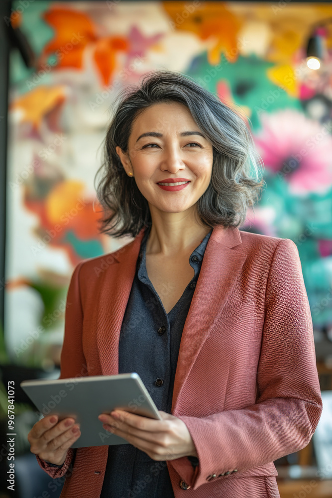 Middle-aged Japanese businesswoman smiling while using a tablet in a contemporary, creative office space with vibrant decor. Middle-aged Japanese businesswoman smiling while using a tablet in a contemporary, creative office space with vibrant decor.